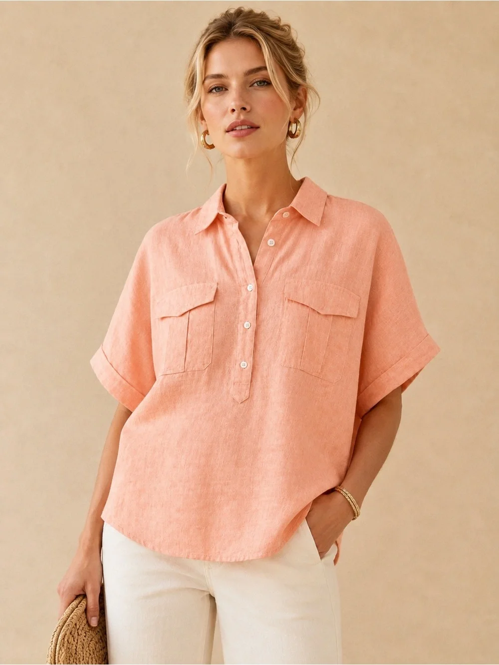 J.Crew Baird McNutt Irish Linen Peach Orange Short Sleeve Flowy Popover Blouse